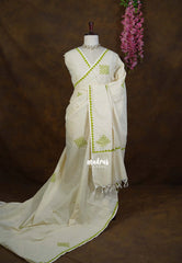 (PRE-BOOKING) Ivory Beige with Green - Oviyam - Madras Margazhi Special Handblock kolam Printed Bamboo Cotton Double Blouse Combo