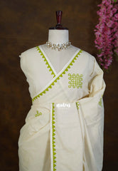 (PRE-BOOKING) Ivory Beige with Green - Oviyam - Madras Margazhi Special Handblock kolam Printed Bamboo Cotton Double Blouse Combo