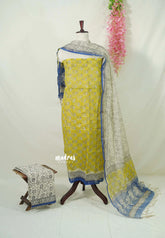 Amitha – Yellowish Green Hand Crafted Kota Doriya with Dabu Handblock prints Salwar Suit 3 Piece Set