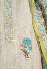 Amitha – Ivory with Leaf Green – Chanderi Silk Salwar Suit with Hand Kantha Stitches