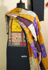 Amitha – Black Handloom Cotton top & bottom hand stitched Kantha work silk dupatta