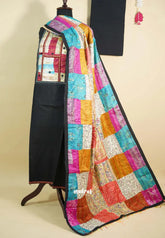 Amitha – Black Handloom Cotton top & bottom hand stitched Kantha work silk dupatta Design 2