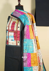 Amitha – Black Handloom Cotton top & bottom hand stitched Kantha work silk dupatta Design 2