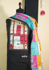Amitha – Black Handloom Cotton top & bottom hand stitched Kantha work silk dupatta Design 2