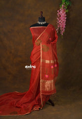 Rust Red - Handloom Tissue Silk Linen Jamdani Saree - With Handloom Mark
