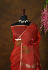 Rust Red - Handloom Tissue Silk Linen Jamdani Saree - With Handloom Mark
