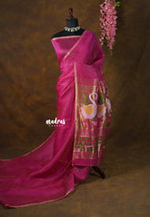 Gulabi Grace Pink - Handloom Tissue Silk Linen Jamdani Saree - With Handloom Mark