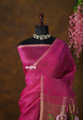 Gulabi Grace Pink - Handloom Tissue Silk Linen Jamdani Saree - With Handloom Mark