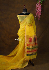 Paris Yellow - Handloom Silk Linen Jamdani Saree - With Handloom Mark