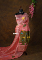 Candle Light Peach - Handloom Silk Linen Jamdani Saree - With Handloom Mark