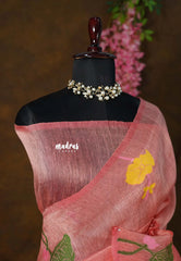 Candle Light Peach - Handloom Silk Linen Jamdani Saree - With Handloom Mark