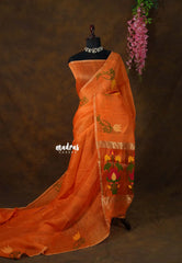 Saffron Orange - Handloom Tissue Silk Linen Jamdani Saree - With Handloom Mark