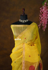 Paris Yellow - Handloom Silk Linen Jamdani Saree - With Handloom Mark