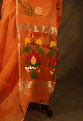 Saffron Orange - Handloom Tissue Silk Linen Jamdani Saree - With Handloom Mark