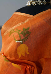 Saffron Orange - Handloom Tissue Silk Linen Jamdani Saree - With Handloom Mark