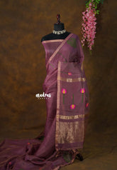 Royal Plum Bloom - Handloom Tissue Silk Linen Jamdani Saree - With Handloom Mark