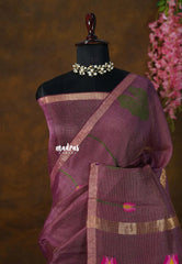Royal Plum Bloom - Handloom Tissue Silk Linen Jamdani Saree - With Handloom Mark