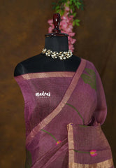 Royal Plum Bloom - Handloom Tissue Silk Linen Jamdani Saree - With Handloom Mark