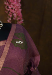 Royal Plum Bloom - Handloom Tissue Silk Linen Jamdani Saree - With Handloom Mark