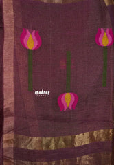Royal Plum Bloom - Handloom Tissue Silk Linen Jamdani Saree - With Handloom Mark
