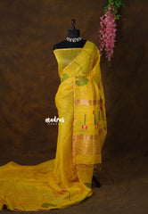 Marigold Yellow - Handloom Silk Linen Jamdani Saree - With Handloom Mark