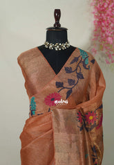 Earthy Brown - Handloom Tissue Silk Linen Jamdani Saree - With Handloom Mark