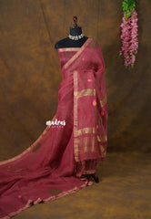 Rosewood Pink - Handloom Tissue Silk Linen Jamdani Saree - With Handloom Mark