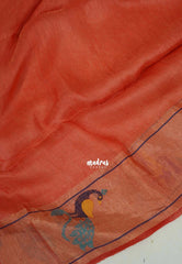 Muted Rust Orange - Handloom Tissue Silk Linen Jamdani Saree - With Handloom Mark