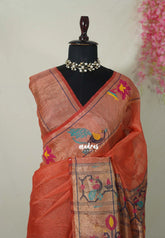Muted Rust Orange - Handloom Tissue Silk Linen Jamdani Saree - With Handloom Mark