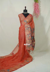 Muted Rust Orange - Handloom Tissue Silk Linen Jamdani Saree - With Handloom Mark