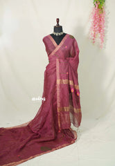 Rosewood Pink - Handloom Tissue Silk Linen Jamdani Saree - With Handloom Mark