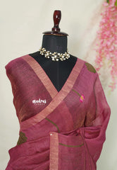 Rosewood Pink - Handloom Tissue Silk Linen Jamdani Saree - With Handloom Mark