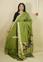 Pista Green - Handmade jute tussar silk saree with handblock prints