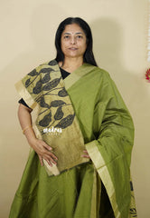 Pista Green - Handmade jute tussar silk saree with handblock prints