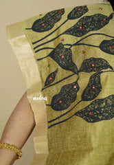 Copper Brown - Handmade jute tussar silk saree with handblock prints