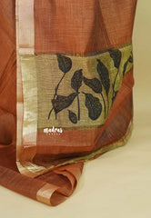 Copper Brown - Handmade jute tussar silk saree with handblock prints