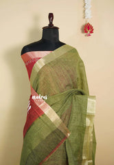 Olive Green - Handmade jute tussar silk saree with handblock prints