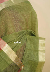 Olive Green - Handmade jute tussar silk saree with handblock prints