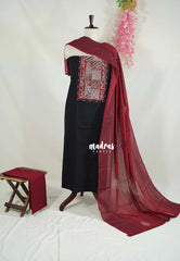 Amitha - Rich Black - Hand Work Yoke Handspun Pure Cotton Salwar Material - Best for Office Wear