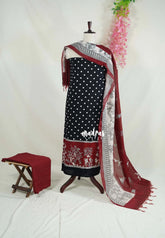 Amitha - Jet Black - Hand Work Handspun Pure Cotton Salwar Material - Best for Office Wear
