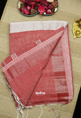 Flamingo Red - Handwoven Natural Linen Saree with white grooves