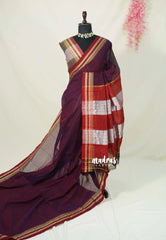 Mulberry Purple -Ilkal – Handloom Cotton Saree with Thread Weaving Border - Perfect for Temple Visit