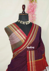 Mulberry Purple -Ilkal – Handloom Cotton Saree with Thread Weaving Border - Perfect for Temple Visit