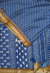 Indigo Blue with Sandal Brown - Kalanjali Soft Chanderi Silk with Bagru Block Prints - Perfect for Office Wear