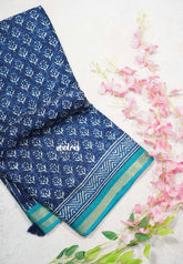 Indigo Blue with Blue - Kalanjali Soft Chanderi Silk with Bagru Block Prints - Perfect for Office Wear