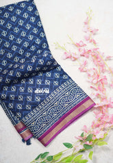 Indigo Blue with Magenta Purple - Kalanjali Soft Chanderi Silk with Bagru Block Prints - Perfect for Office Wear