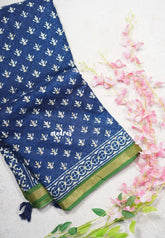 Indigo Blue with Green - Kalanjali Soft Chanderi Silk with Bagru Block Prints - Perfect for Office Wear