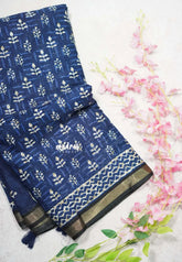 Indigo Blue with Black - Kalanjali Soft Chanderi Silk with Bagru Block Prints - Perfect for Office Wear
