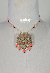 Invisible viral Wire Necklace β Premium Floating Lakshmi Pendant - Peach-Pink Beads