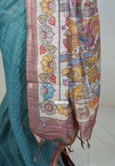 Muted Teal Blue - Isha - Chanderi Silk Saree Checks with Tiny Zari Border - Best for Office Wear | Casual Wear